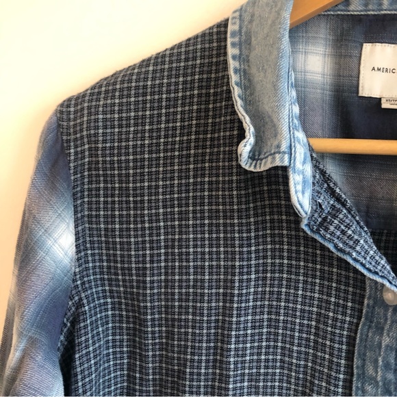 American Eagle mixed blue flannel denim button down shirt Sz XS - Picture 3 of 14